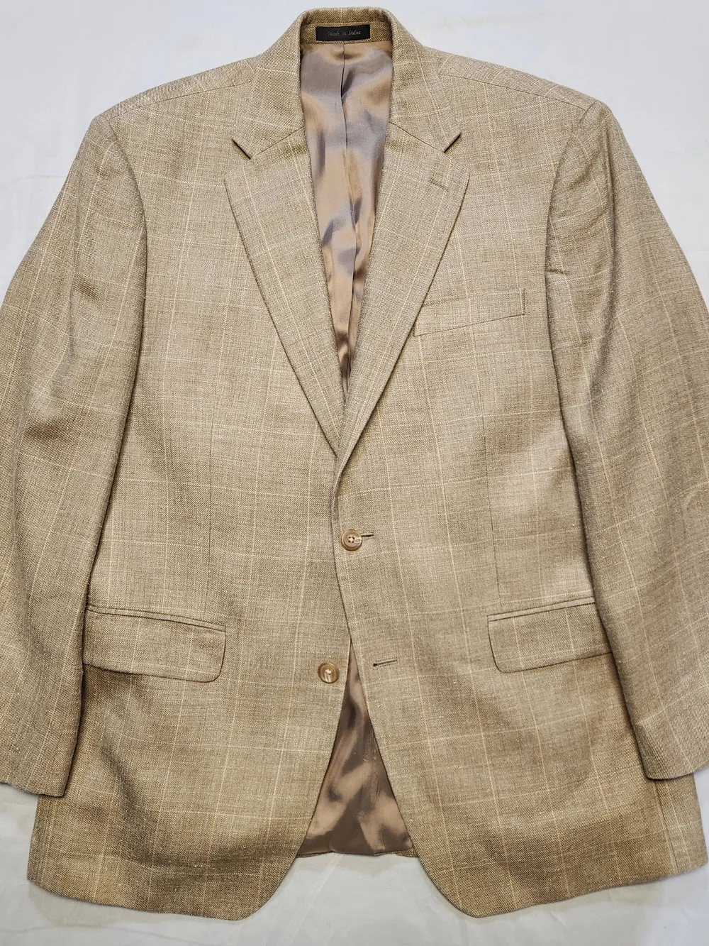 Lauren Ralph Lauren Sport Coat 42R Tan Beige Windowpane Silk Linen Wool slubby